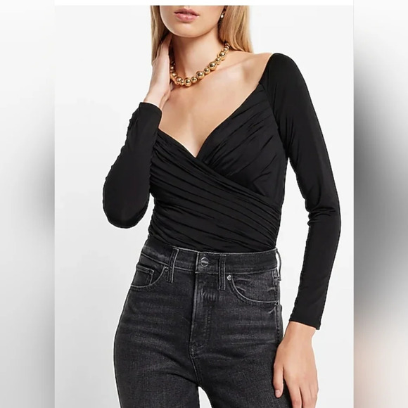 Express Body Contour Compression Silky Long Sleeve Wrap Top - Picture 1 of 11